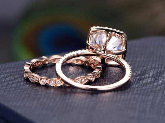 Cushion Cut Halo Ring Set, Vintage Style Band