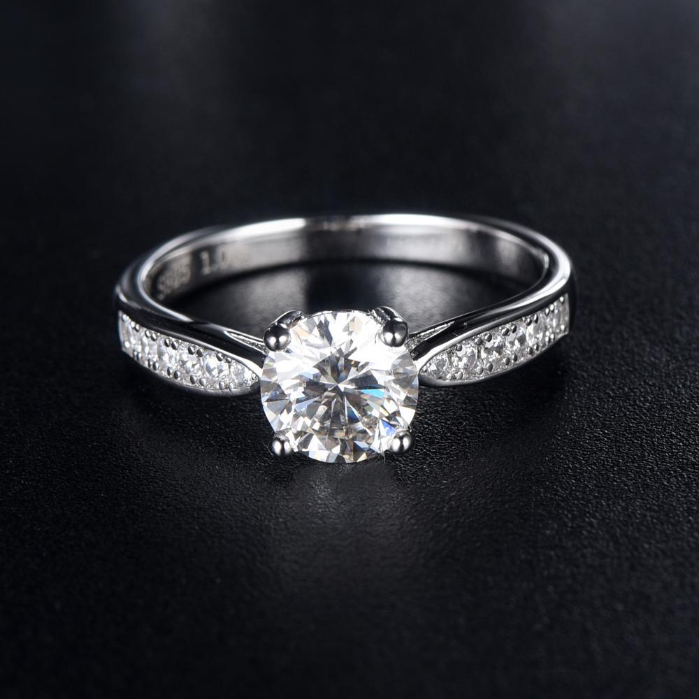 1.00ct Moissanite Engagement Ring, Classic Four Claw Setting with Stone Set Shoulders, Sterling Silver & Platinum