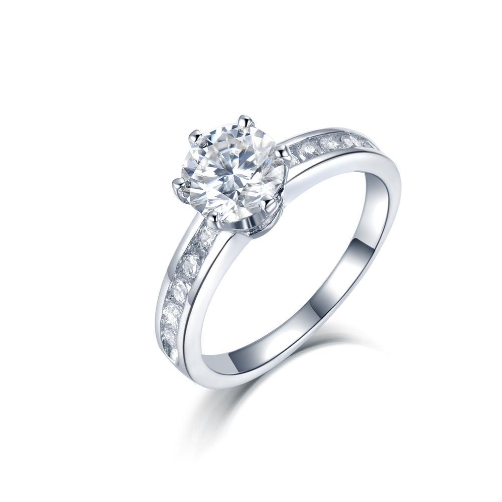 1.00ct Moissanite Engagement Ring, Classic Six Claw with Channel Set Shoulders , Sterling Silver & Platinum