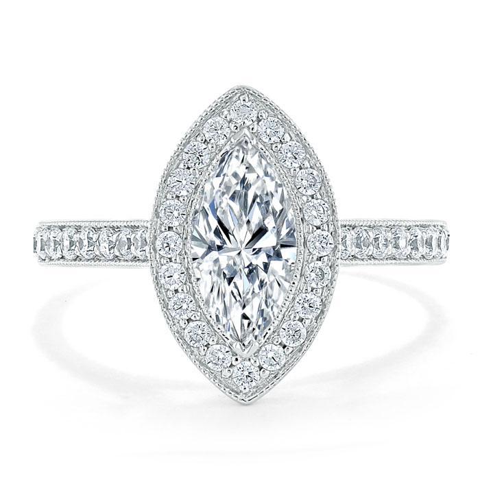 Marquise Cut Moissanite Halo Engagement Ring, Tiffany Style