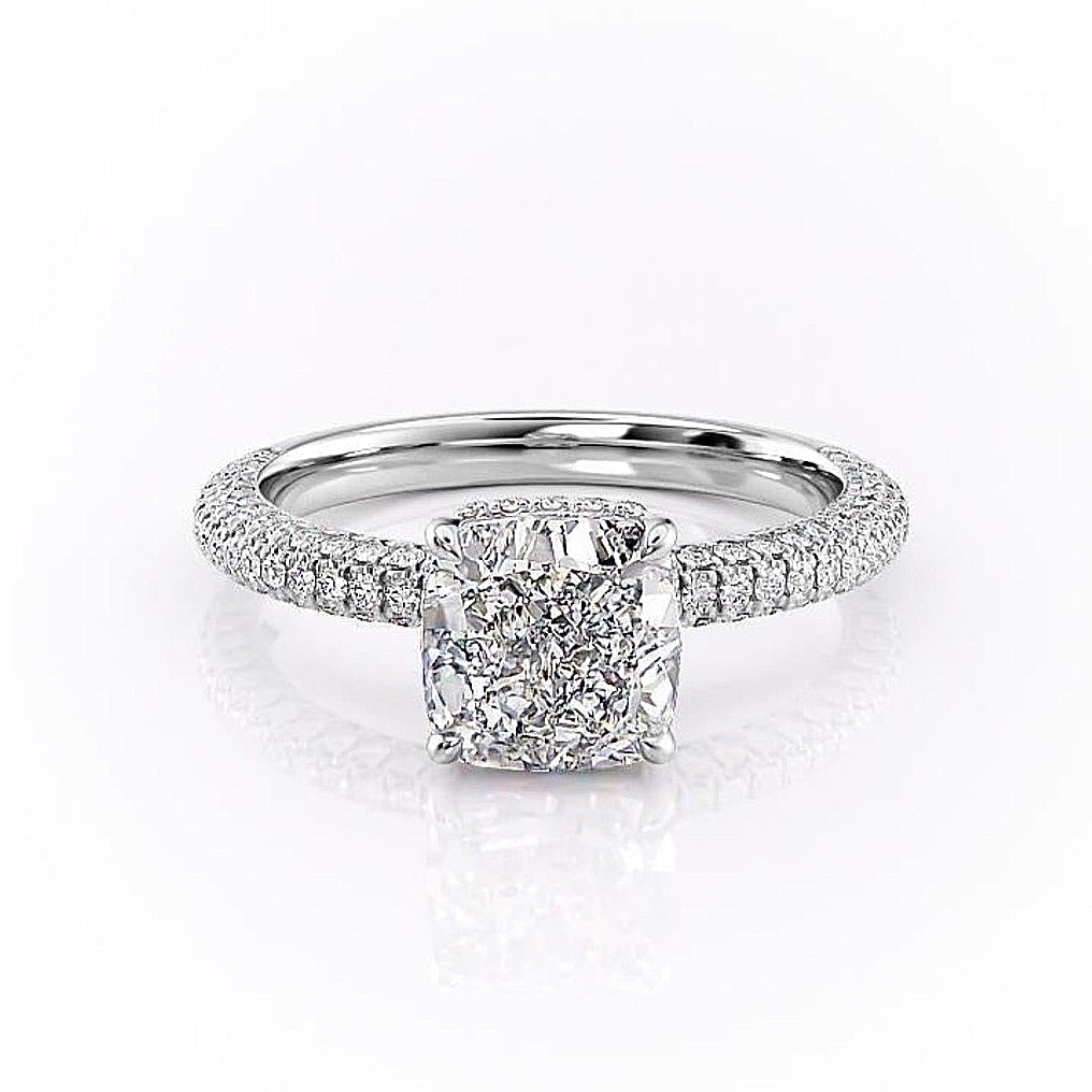 CUSHION CUT MOISSANITE PAVÉ SET SHOULDERS WITH HIDDEN HALO