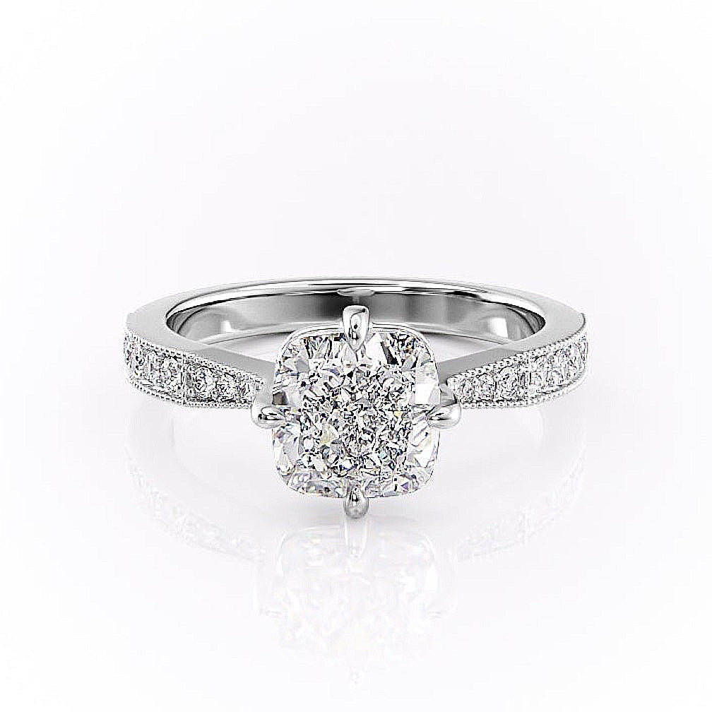 CUSHION CUT MOISSANITE STONE SET SHOULDERS WITH MILGRAIN EDGE