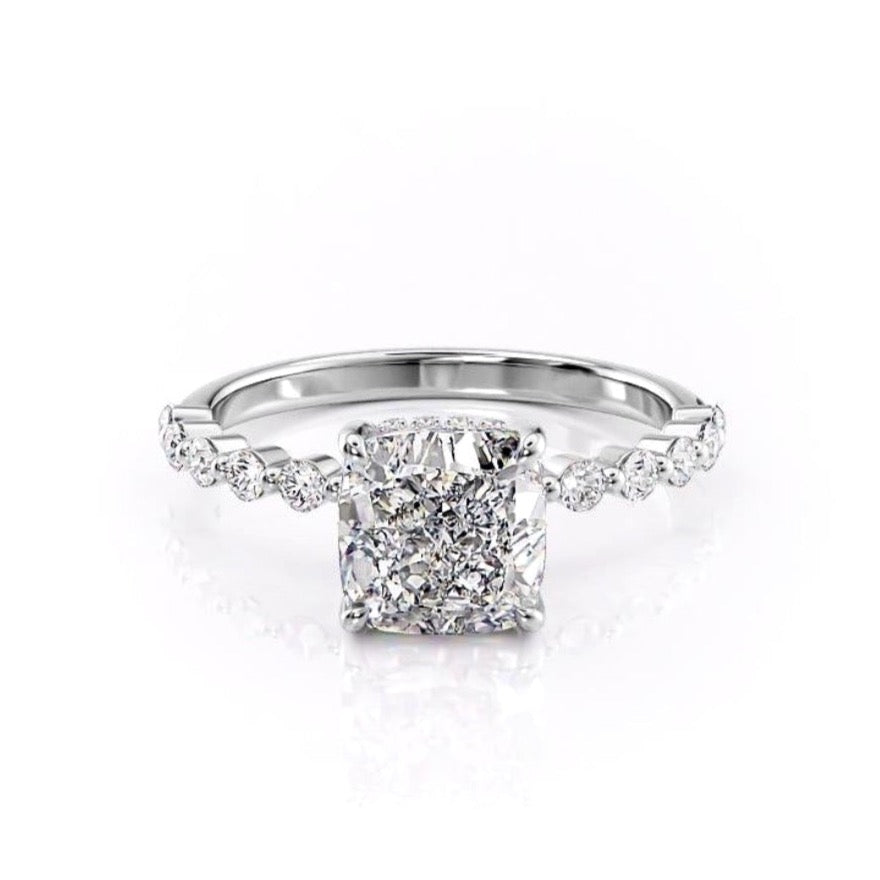 Cushion Cut Moissanite Shoulder Set Ring With Hidden Halo