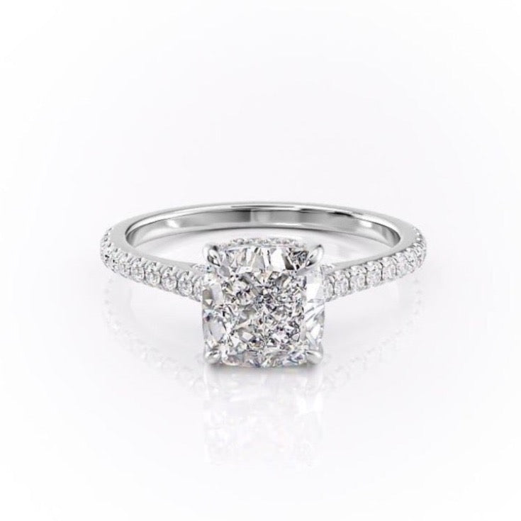 Cushion Cut Moissanite Shoulder Set Ring With Hidden Halo