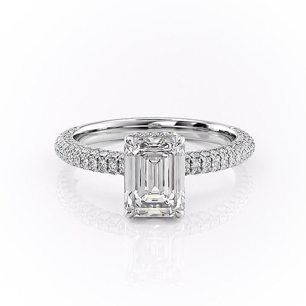 EMERALD CUT MOISSANITE PAVÉ SET SHOULDERS WITH HIDDEN HALO