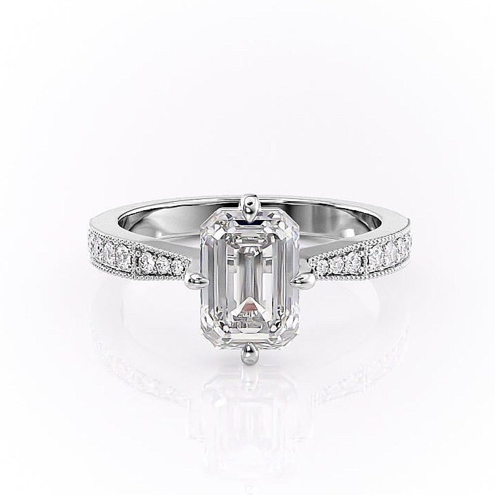 EMERALD CUT MOISSANITE STONE SET SHOULDERS WITH MILGRAIN EDGE