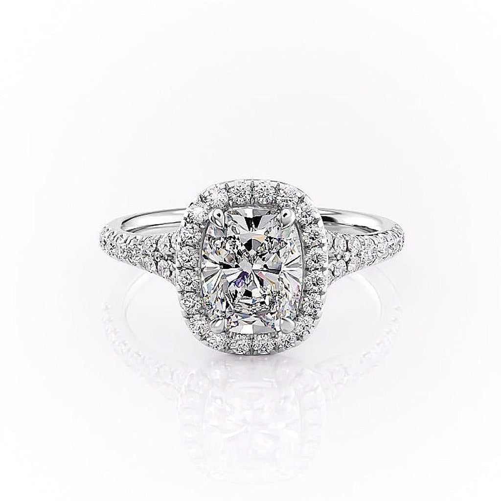 Elongated Cushion Cut Moissanite Engagement Ring, Halo With Split