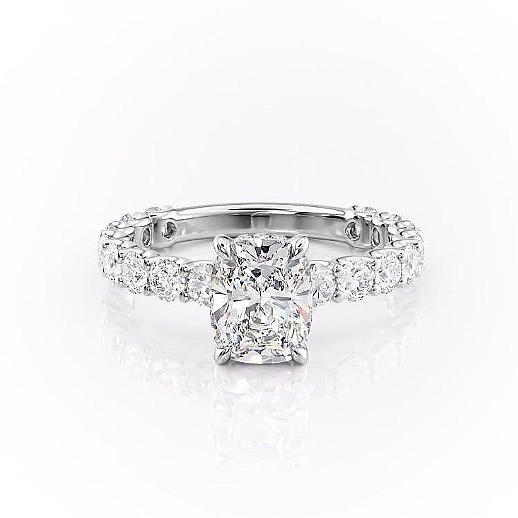 Elongated Cushion Cut Moissanite Stone Set Shoulders With Hidden Halo