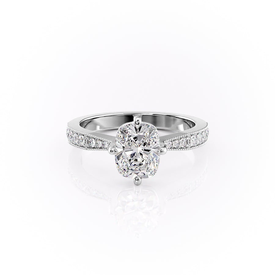 Elongated Cushion Cut Moissanite Stone Set Shoulders With Milgrain Edge