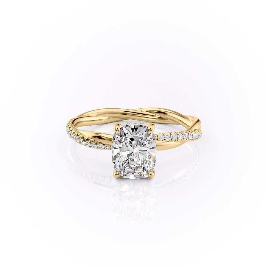 Elongated Cushion Cut Moissanite Twisted Shoulder Set Ring With Hidden Halo