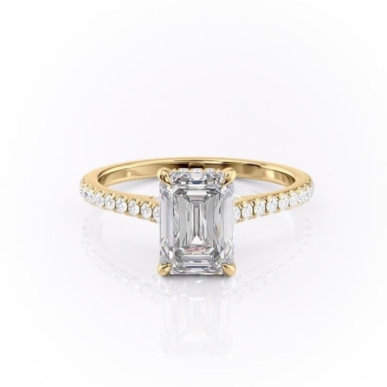 Emerald Cut Moissanite Shoulder Set Ring With Hidden Halo