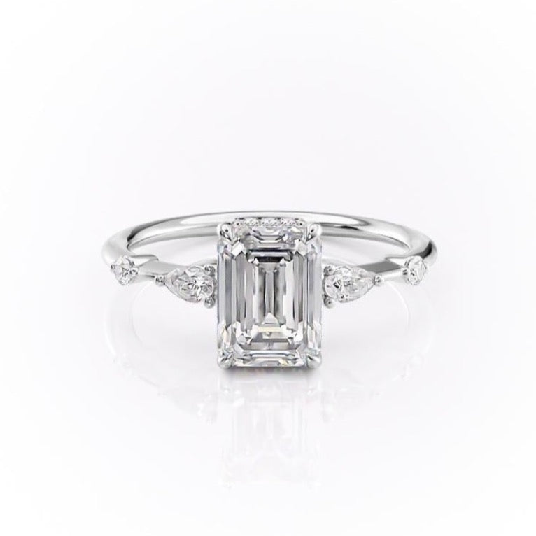 Emerald Cut Moissanite Shoulder Set Ring With Hidden Halo