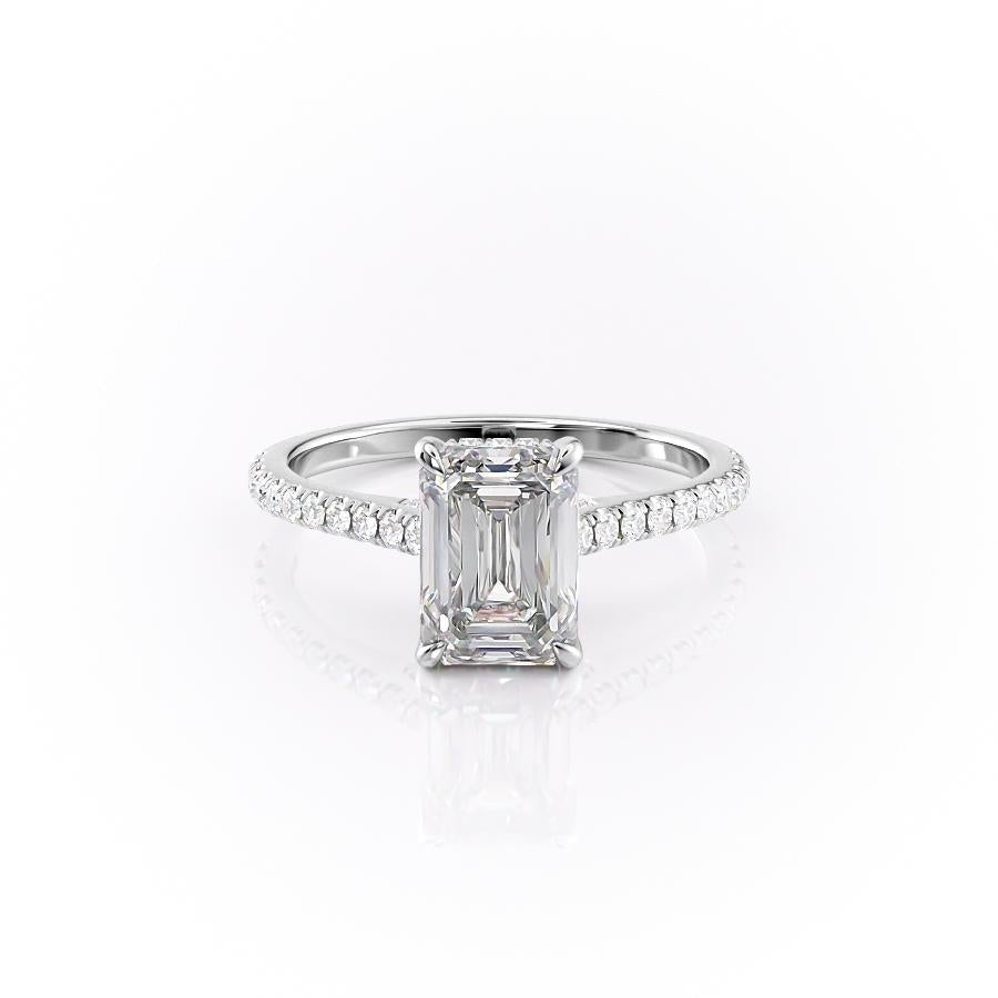 Emerald Cut Moissanite Shoulder Set Ring With Hidden Halo