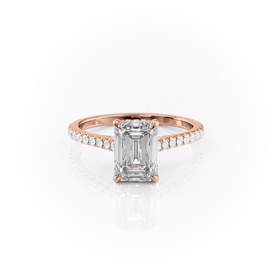 Emerald Cut Moissanite Shoulder Set Ring With Hidden Halo