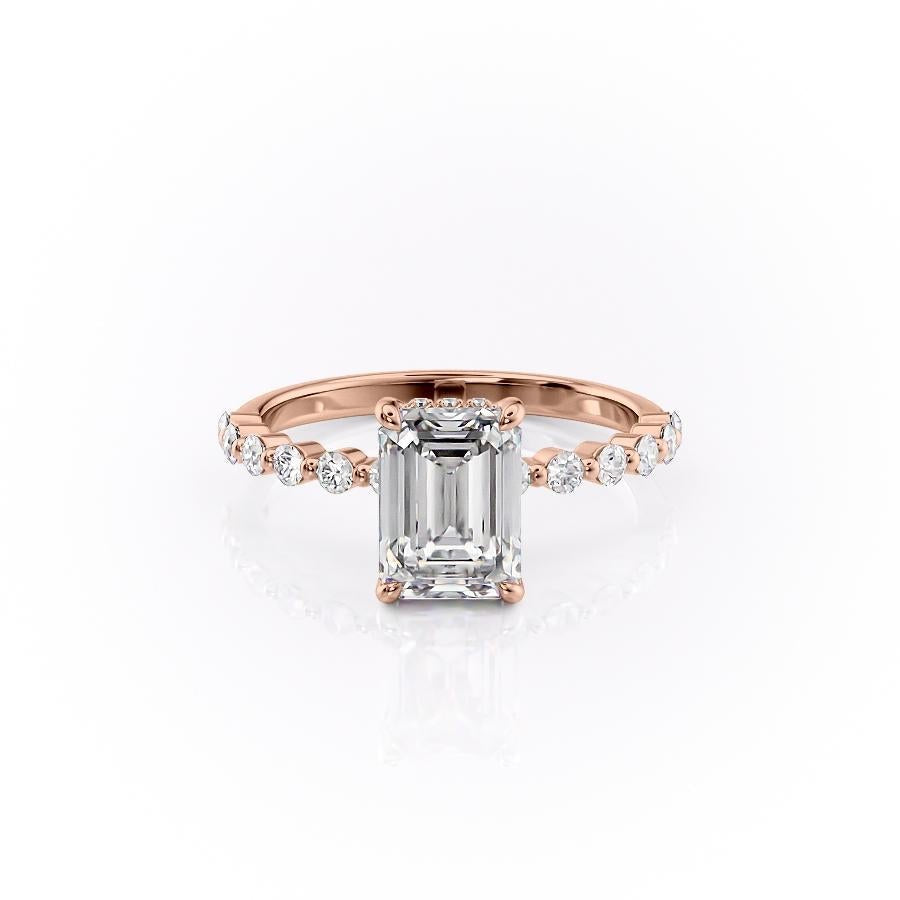 Emerald Cut Moissanite Shoulder Set Ring With Hidden Halo