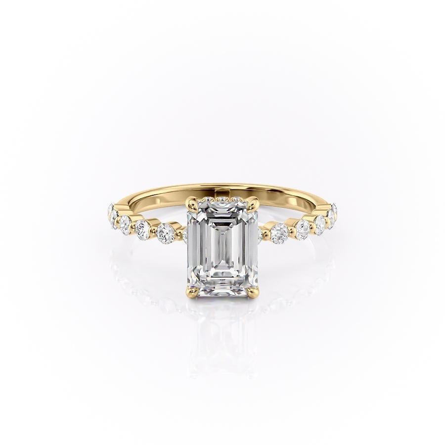 Emerald Cut Moissanite Shoulder Set Ring With Hidden Halo