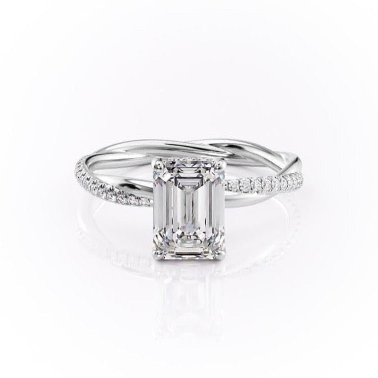 Emerald Cut Moissanite Twisted Shoulder Set Ring With Hidden Halo