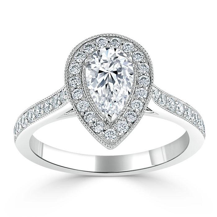 Pear Cut Moissanite Engagement Ring, Classic Halo Design