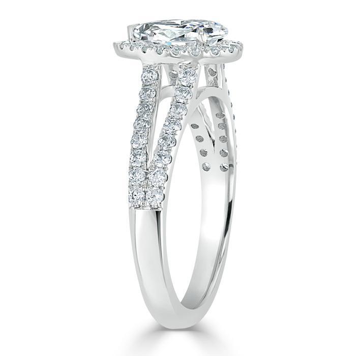 Pear Cut Moissanite Engagement Ring, Classic Halo with Split Shank