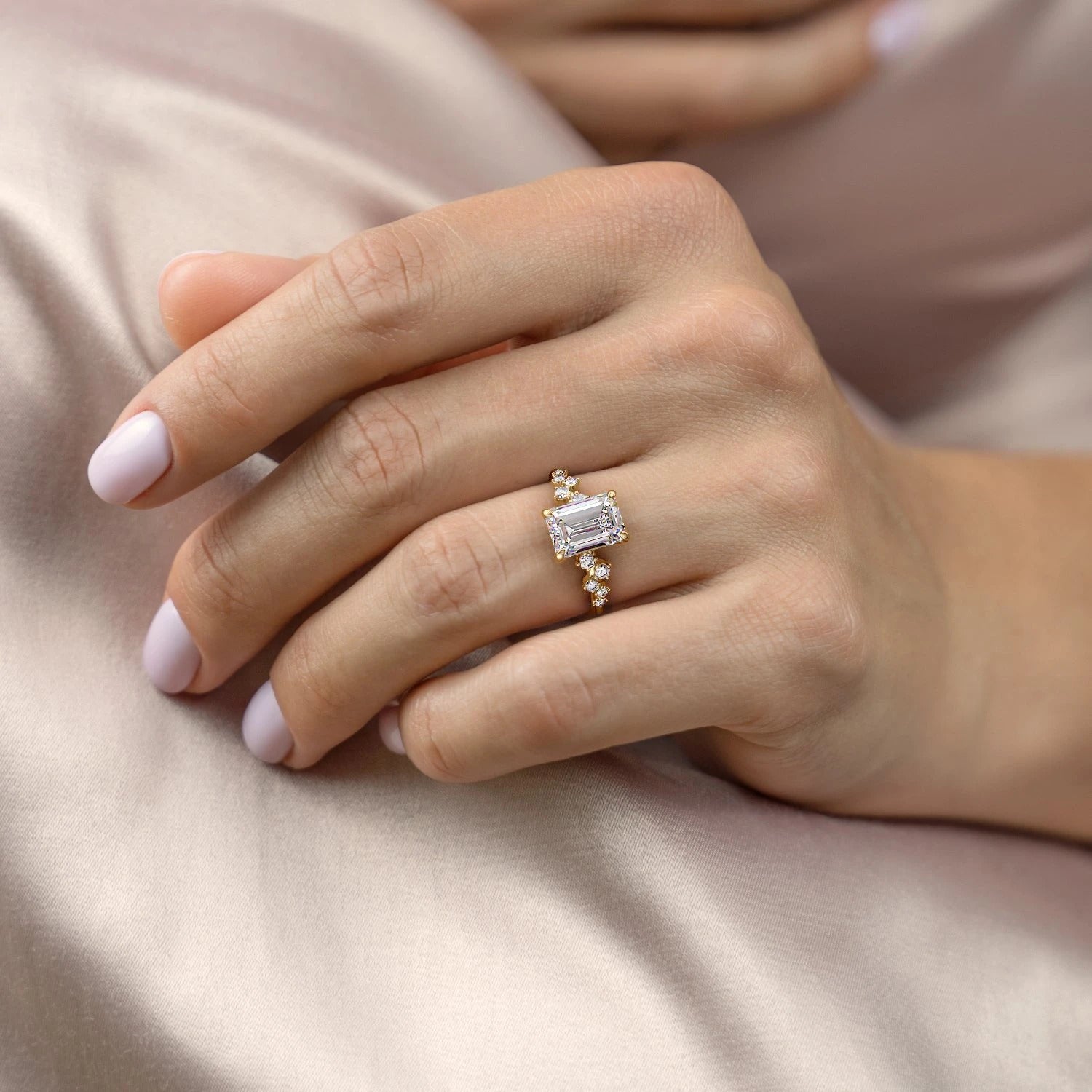 Emerald Cut Moissanite With Hidden Halo And Side Stones