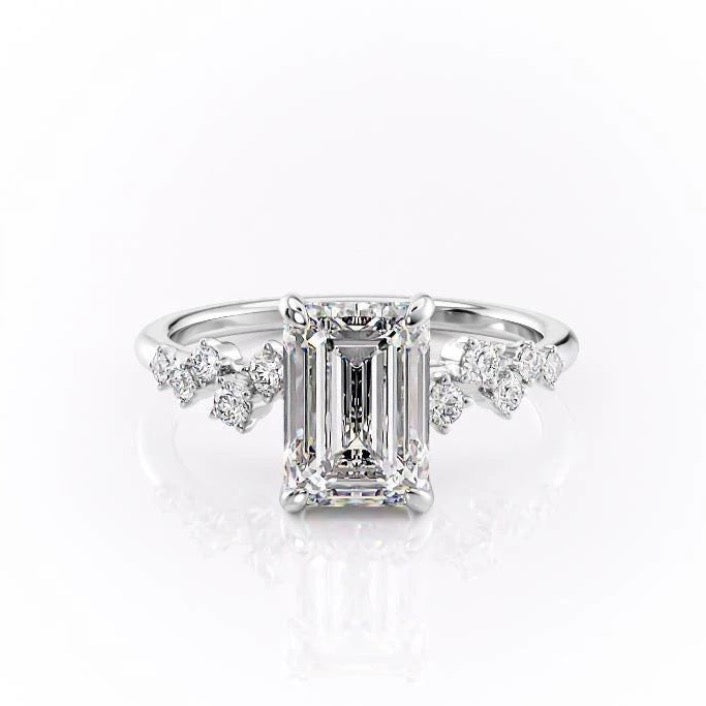 Emerald Cut Moissanite With Hidden Halo And Side Stones