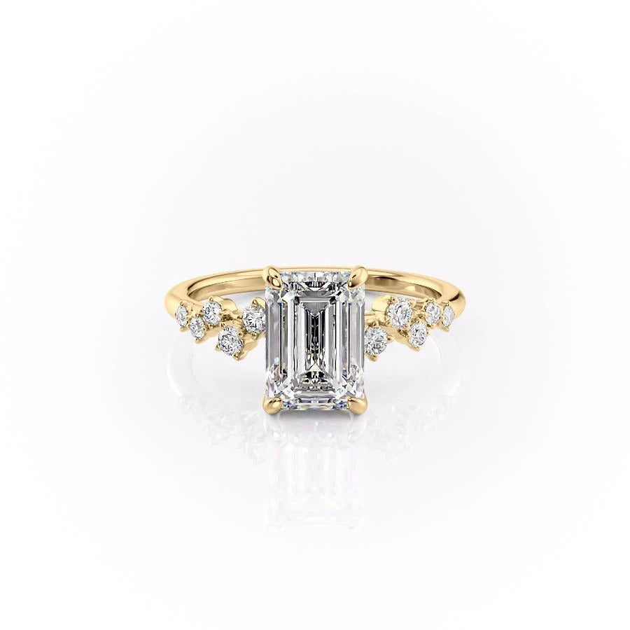 Emerald Cut Moissanite With Hidden Halo And Side Stones