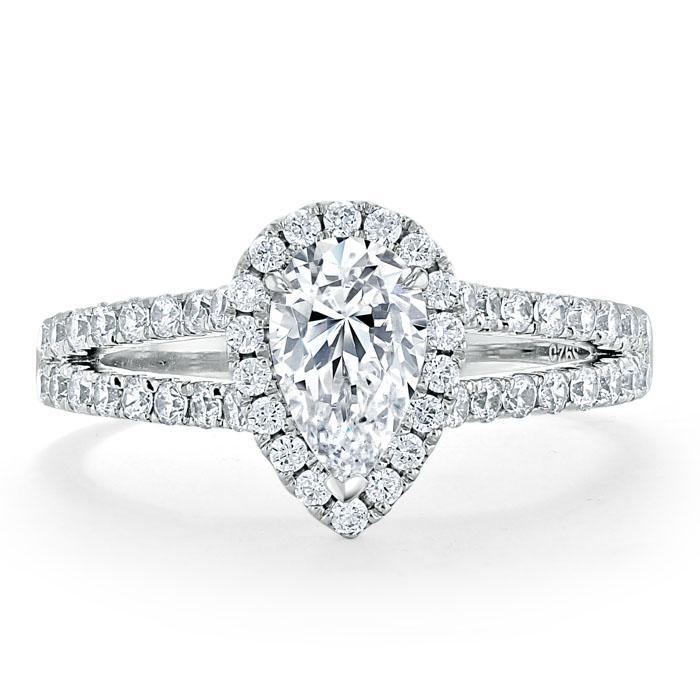 Pear Cut Moissanite Engagement Ring, Classic Halo with Split Shank