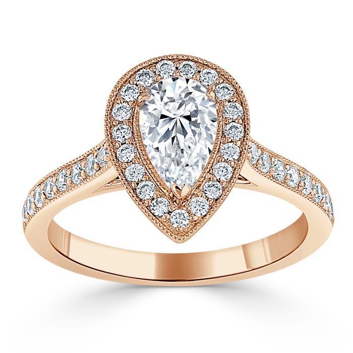 Pear Cut Moissanite Engagement Ring, Classic Halo Design