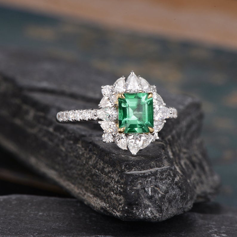 Emerald & Moissanite Cocktail Ring, Vintage Inspired