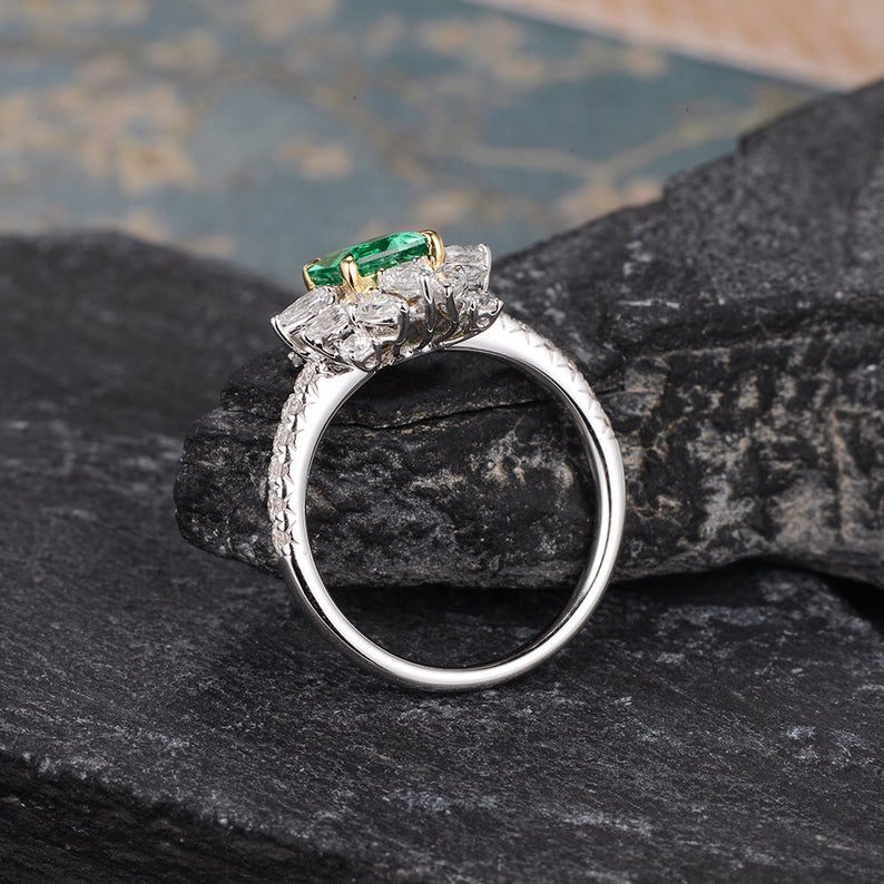 Emerald & Moissanite Cocktail Ring, Vintage Inspired