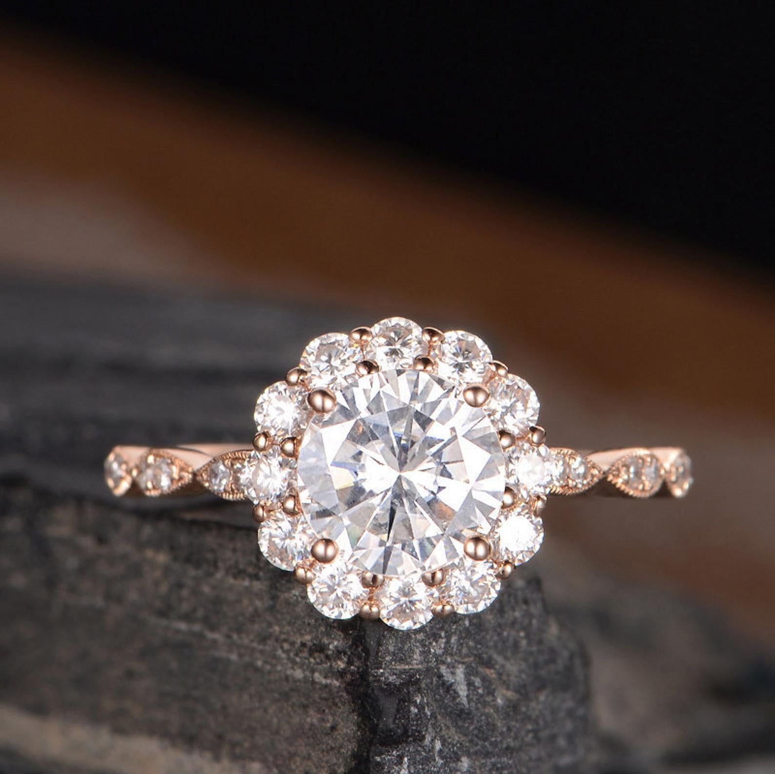 Round Cut Moissanite, Vintage Halo Design