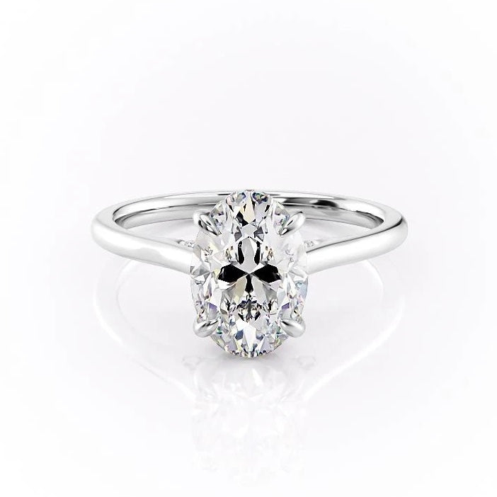 Oval Cut Moissanite Engagement Ring, Plain Band & Hidden Halo