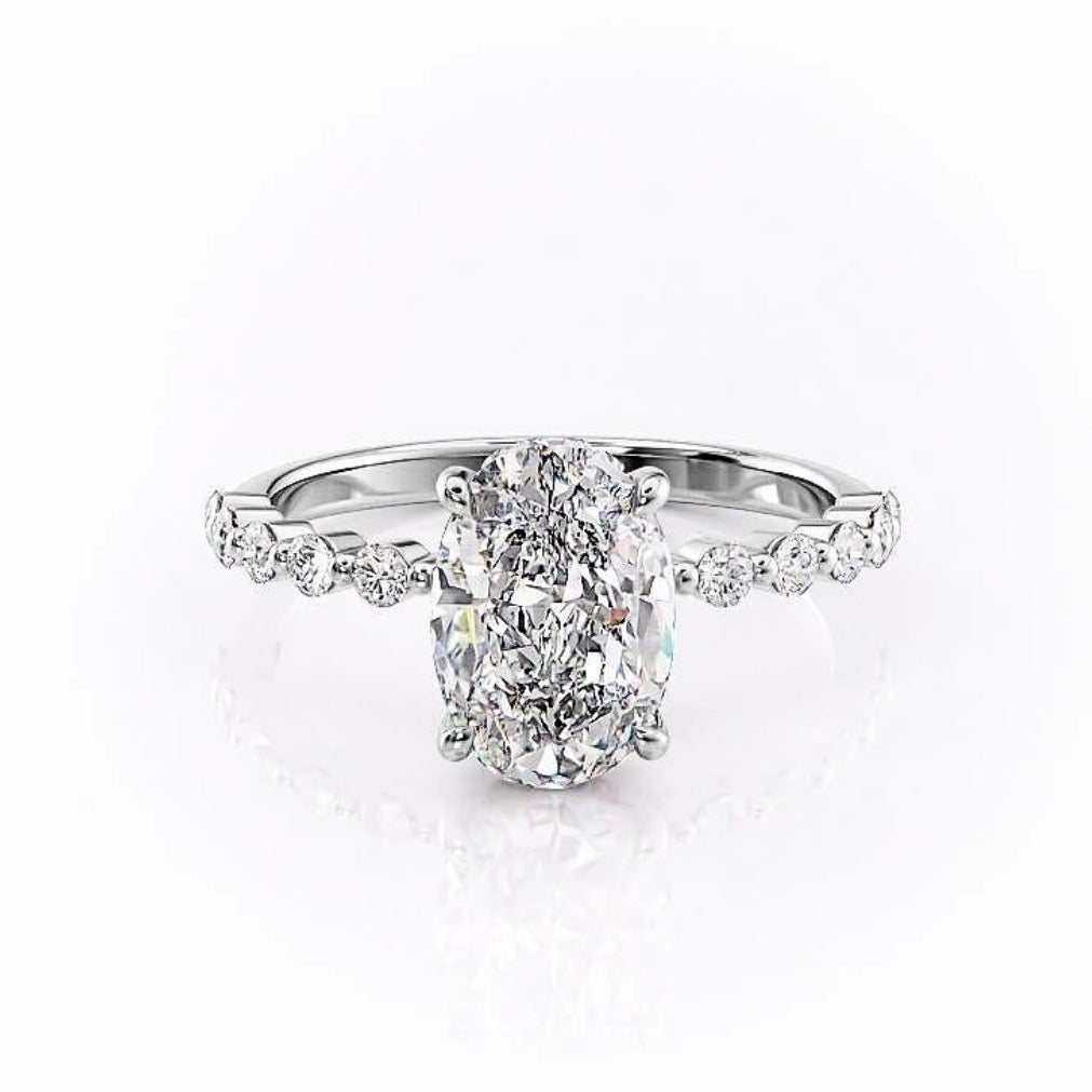 Oval Cut Moissanite Shoulder Set Ring With Hidden Halo