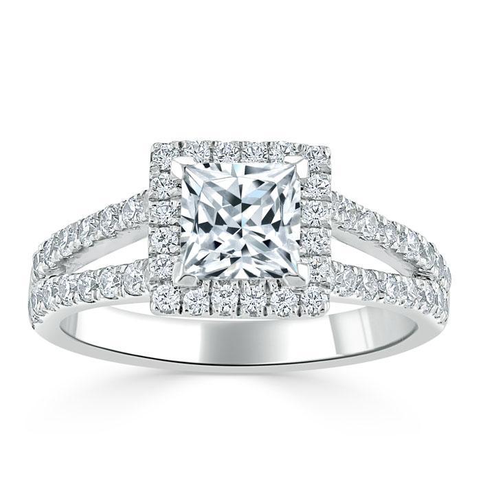 Princess Cut Moissanite Engagement Ring, Classic Halo with Split Shank