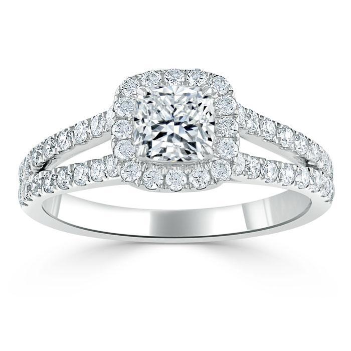 Cushion Cut Moissanite Engagement Ring, Classic Halo with Split Shank