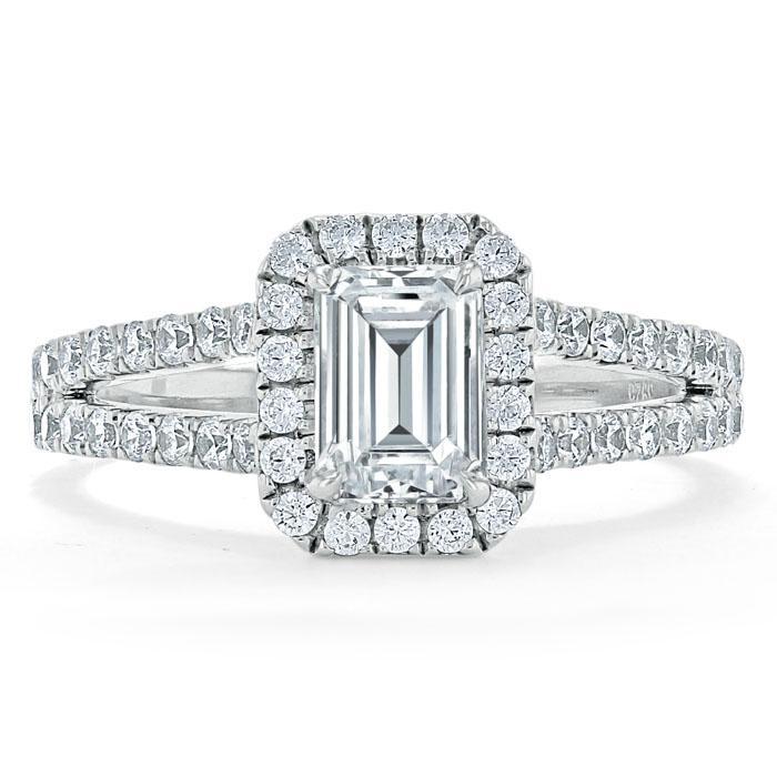 Emerald Cut Moissanite Engagement Ring, Classic Halo with Split Shank