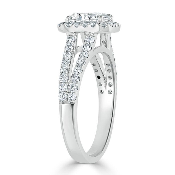 Emerald Cut Moissanite Engagement Ring, Classic Halo with Split Shank