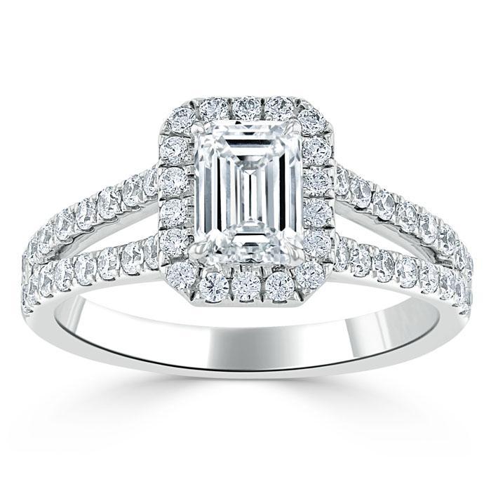 Emerald Cut Moissanite Engagement Ring, Classic Halo with Split Shank