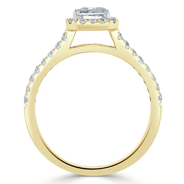 Emerald Cut Moissanite Engagement Ring, Classic Halo with Split Shank