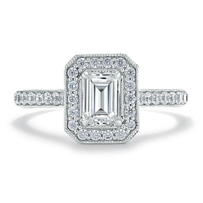 Emerald Cut Moissanite Engagement Ring, Classic Halo