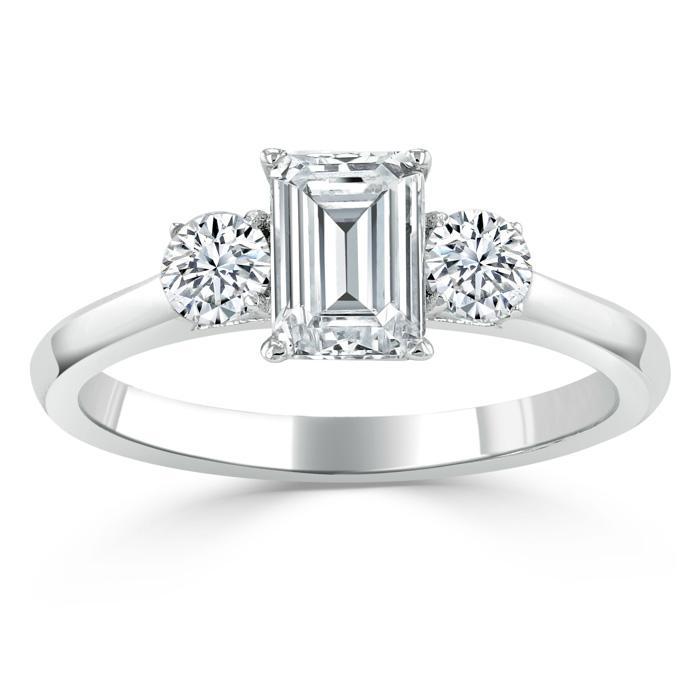 Emerald Cut Moissanite Engagement Ring, Classic 3 Stone