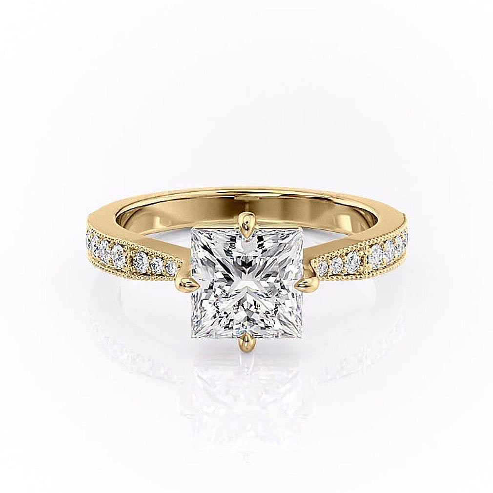 PRINCESS CUT MOISSANITE STONE SET SHOULDERS WITH MILGRAIN EDGE