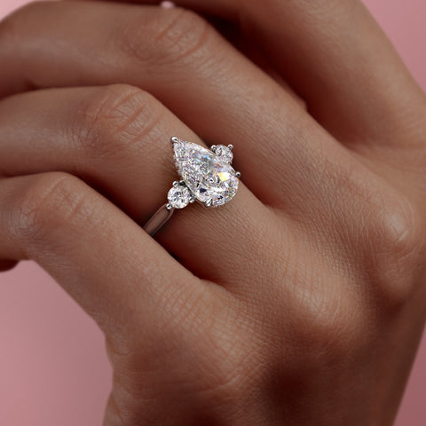 3 ctw Round Lab Grown Diamond and 7.2 mm Round Shape Created Sapphire Three- Stone Engagement Ring - Grownbrilliance