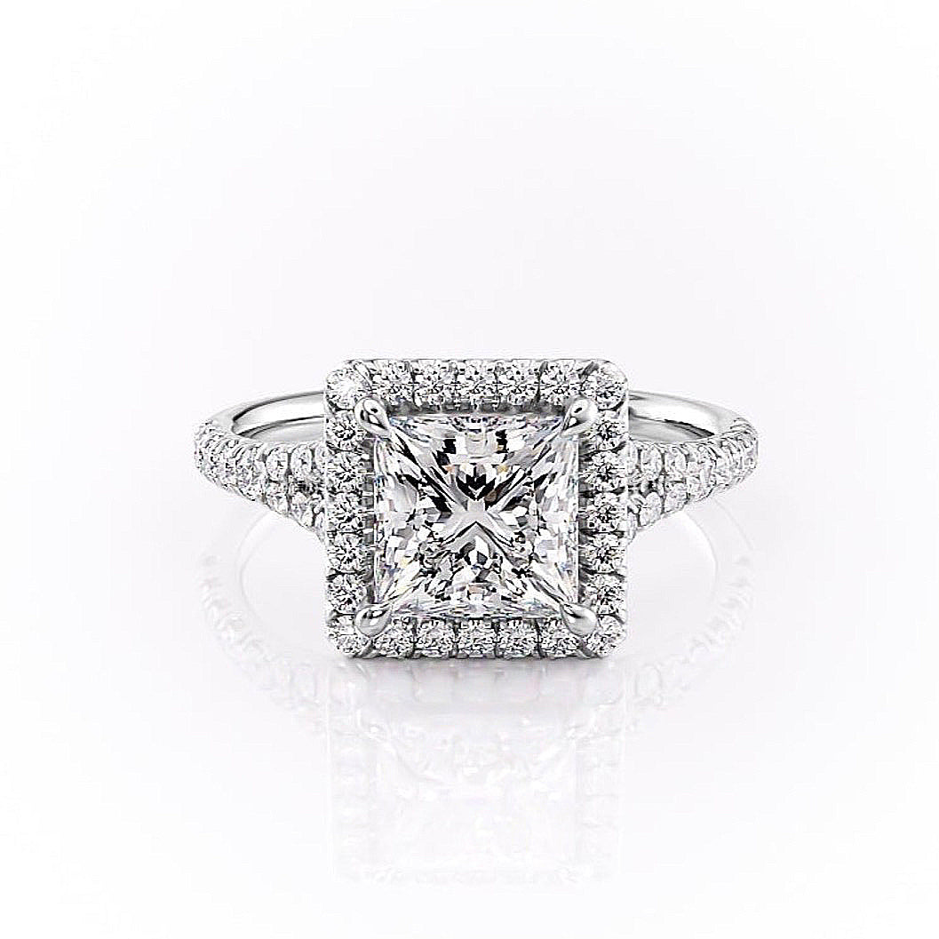 Princess Cut Moissanite Engagement Ring, Halo With Split Shank