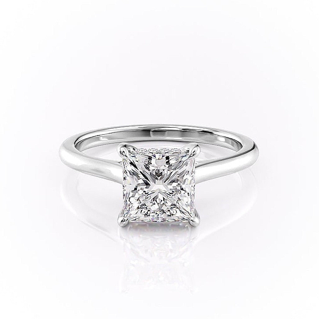 Princess Cut Moissanite Engagement Ring, Hidden Halo