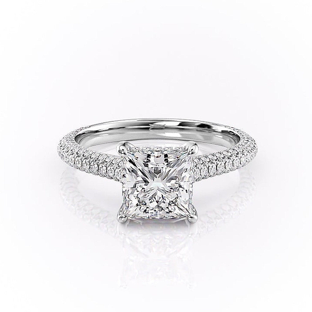 Princess Cut Moissanite Engagement Ring, Pave Set Shoulders