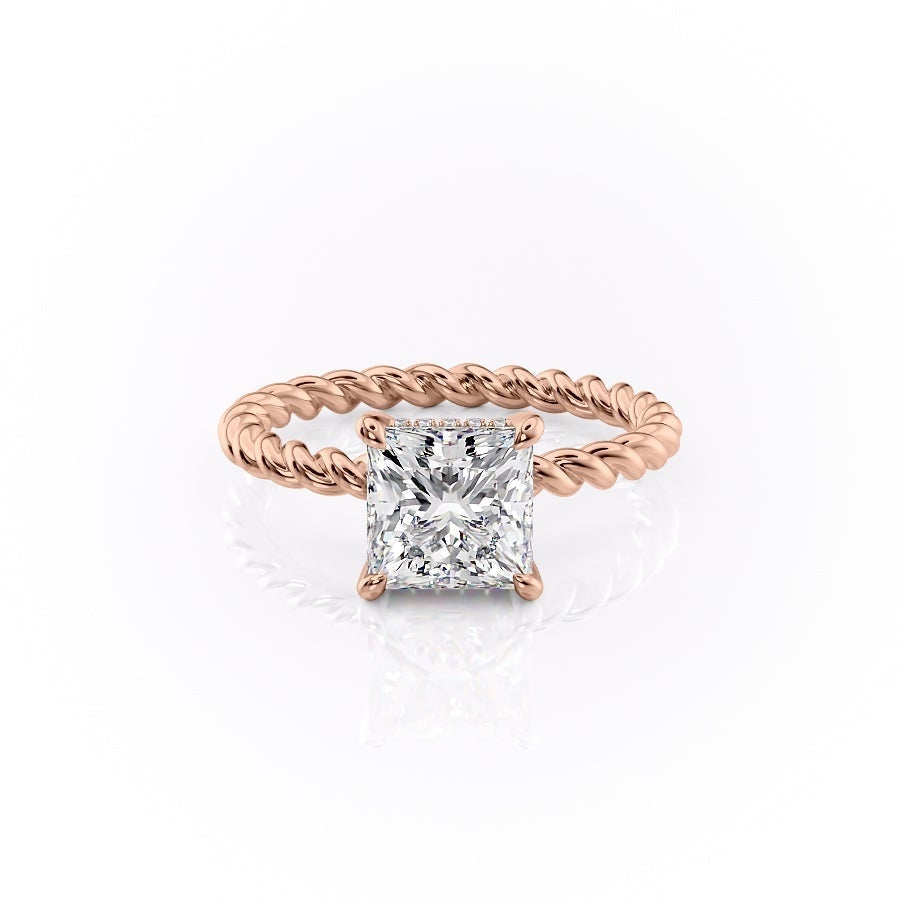 Princess Cut Moissanite Engagement Ring, Twisted Band With Hidden Halo