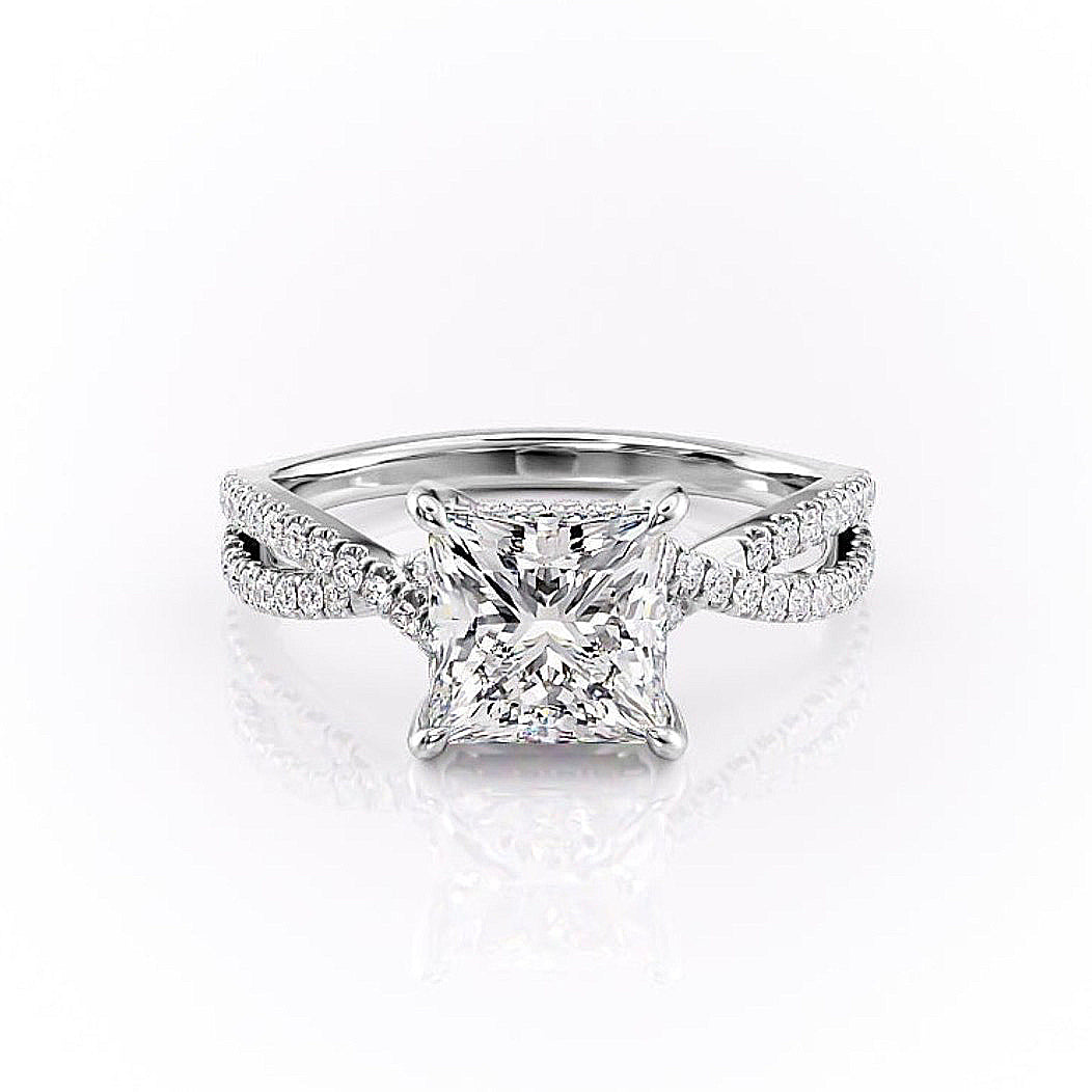 Princess Cut Moissanite Engagement Ring, Twisted Stone Set Shoulders