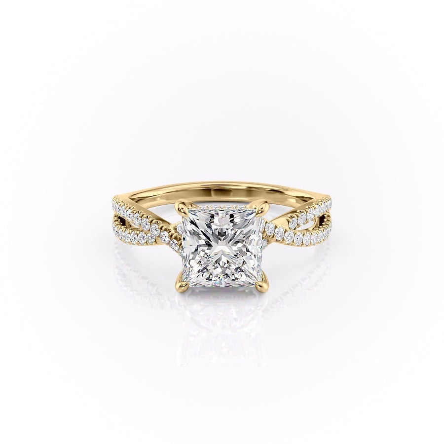 Princess Cut Moissanite Engagement Ring, Twisted Stone Set Shoulders