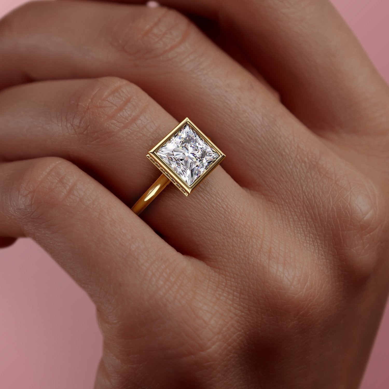 Princess Cut Rubover Moissanite With Hidden Halo